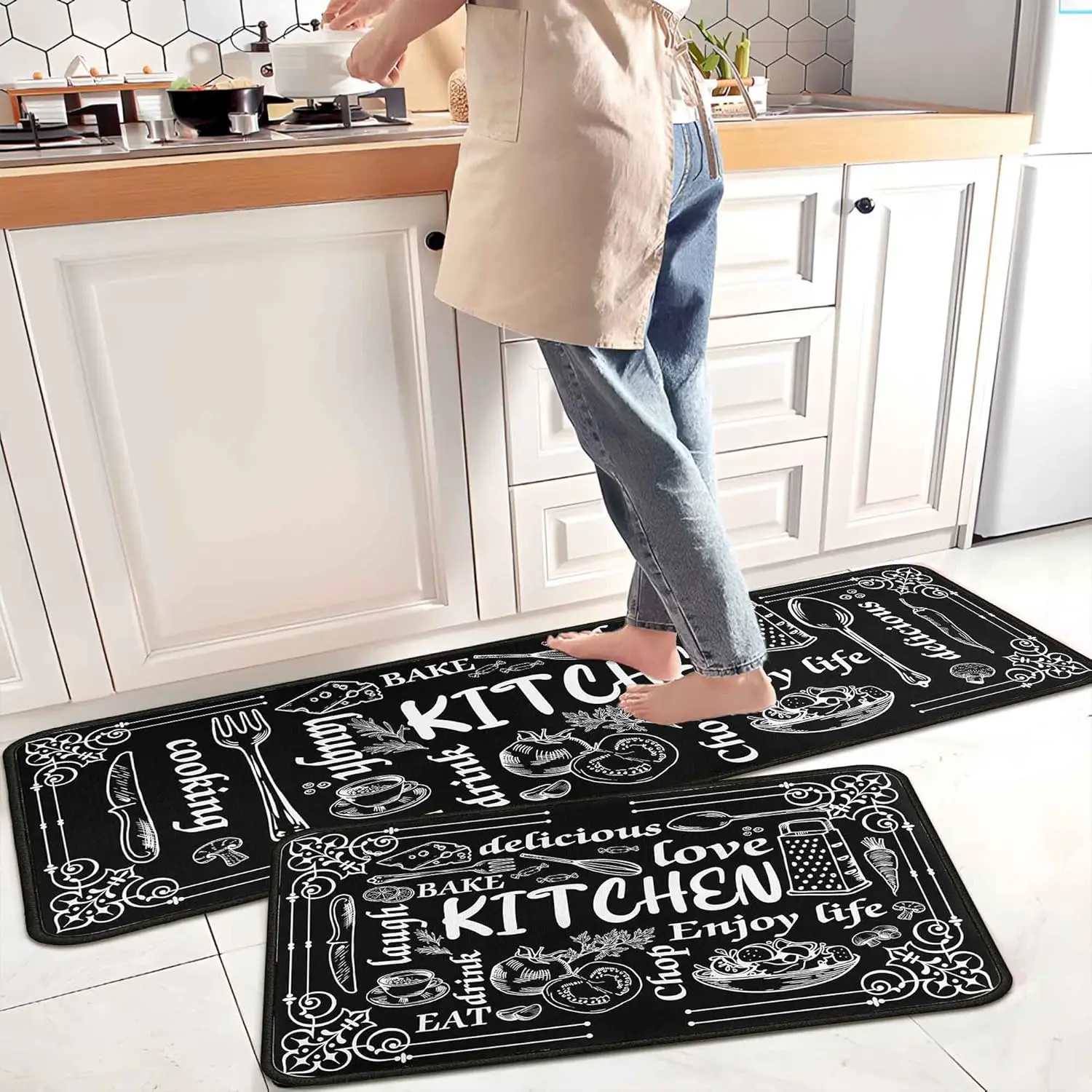 VIKAMA 2PC Coffee Kitchen Rugs and Mats Non-Slip Washable Stain and Fade Resistant,Kitchen Hallway Runner Rug Kitchen Home Decor