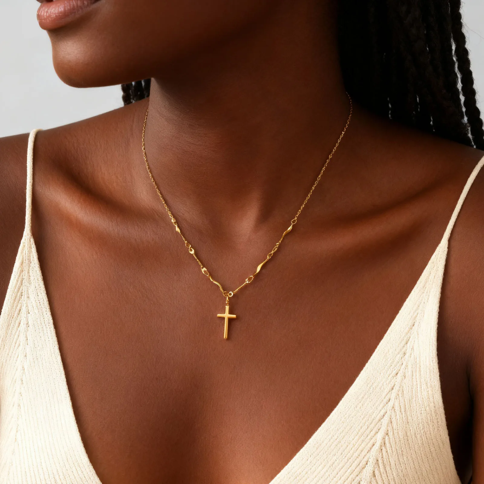 Minimalist Stainless Steel Cross Pendant Necklace, Non-fading Gold Plated Wave Chain Charm Necklace, Exquisite Jewelry for Women