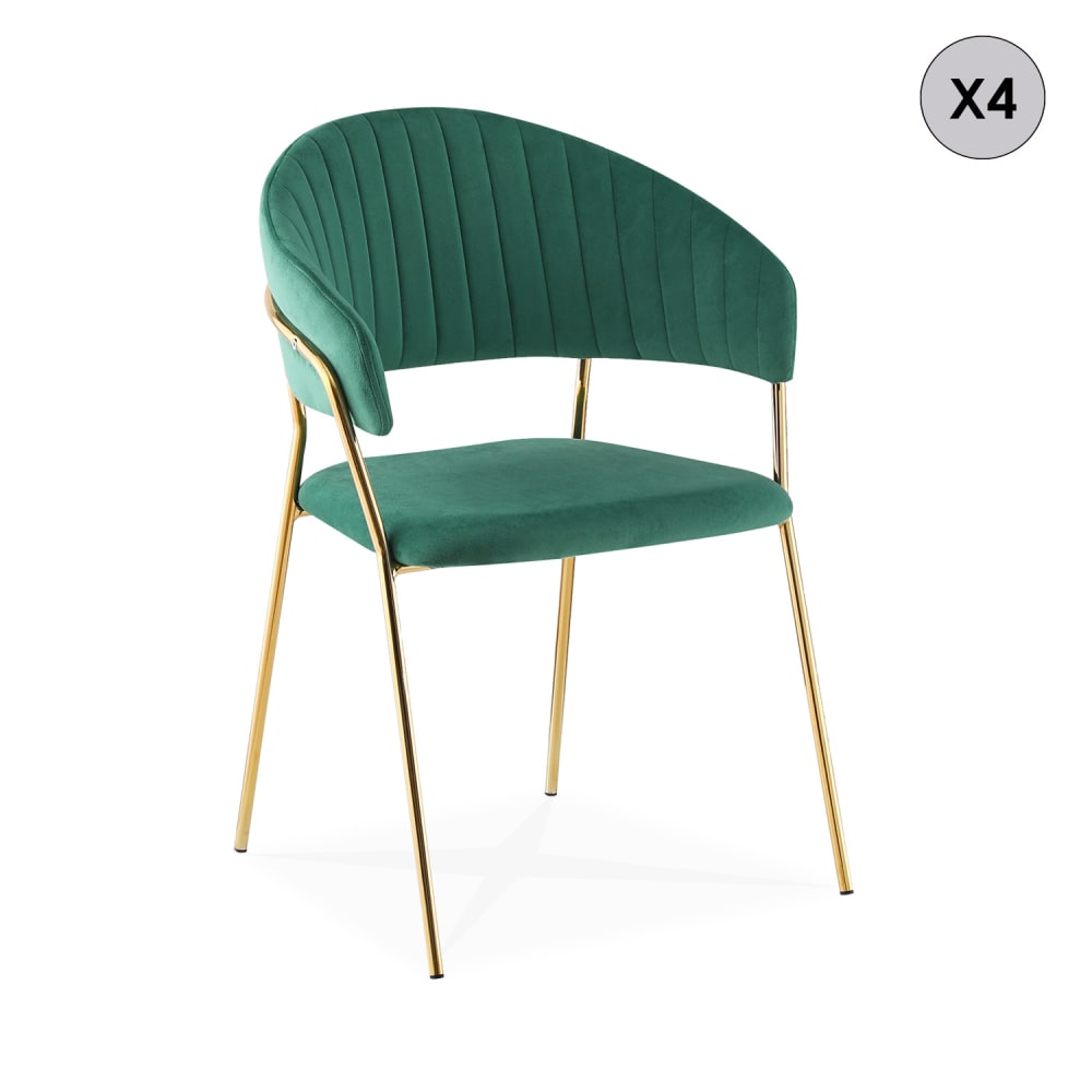 Lot de 4 chaises en velours vert et pieds dorés