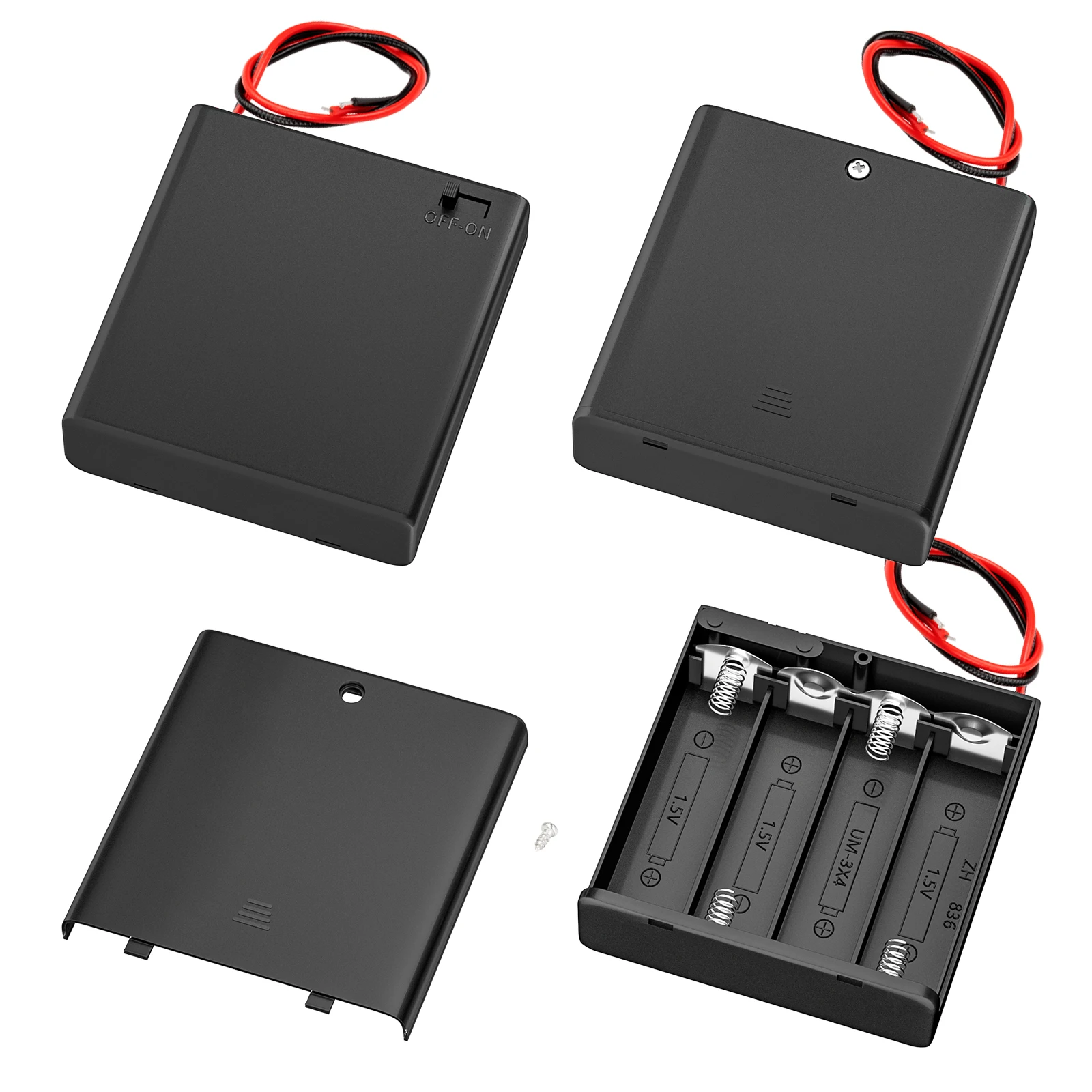 3 Stück 4 AA-Batteriehalter mit Schalter, 6 V Batteriegehäuse-Halter mit Abdeckung, 4 Steckplätze, 1,5 V AA-Batterie-Aufbewahrungsbox mit Drähten Image