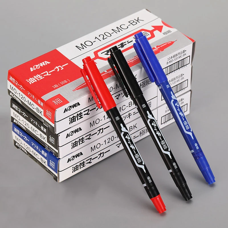 10 stücke Großhandel Twin Tip Permanent Marker Stift Feine Spitze Wasserdichte Tinte Dünne Spitze Rohe Spitze Schwarz/blau/Rot Tinte 0,5/1mm Feine Farbe Image