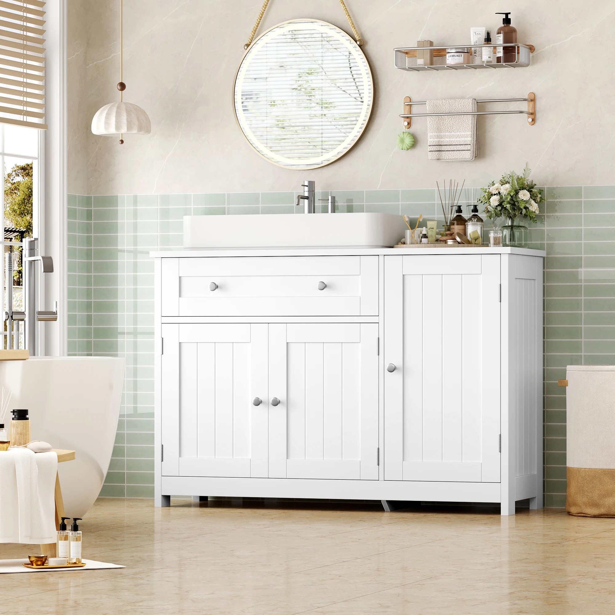 Getone Mobiletto da bagno sotto lavabo, mobiletto da bagno, mobiletto da terra con 3 ante 1 cassetto 90x30x61,8 cm bianco