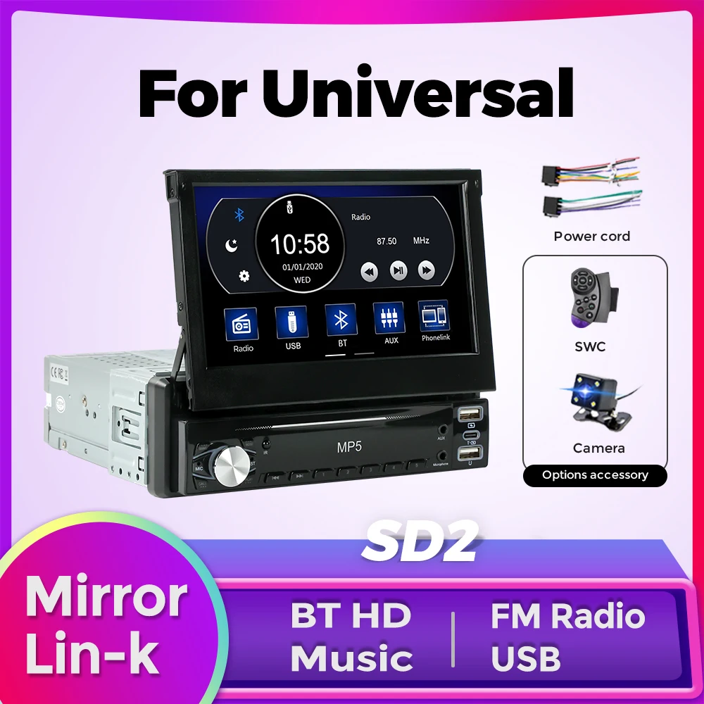 1din 7-Zoll-Autoradio mit einziehbarem Bildschirm und CarPlay Android Auto-Multimedia-Video-Player mit Kamera AUX USB TYPE-C MP5 MP3 Image