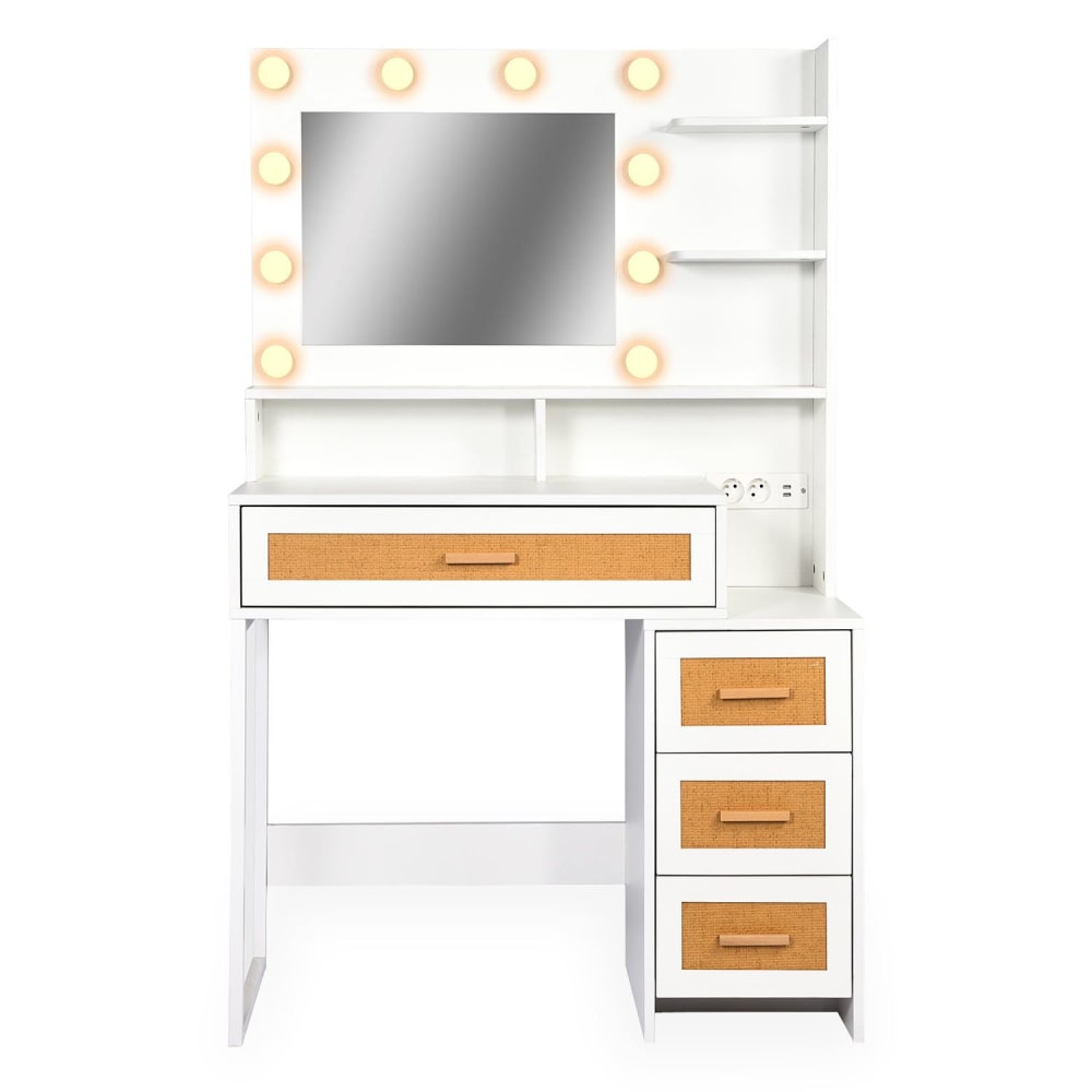 Coiffeuse 4 tiroirs et miroir led 3 couleurs miraclas l92cm bois blanc
