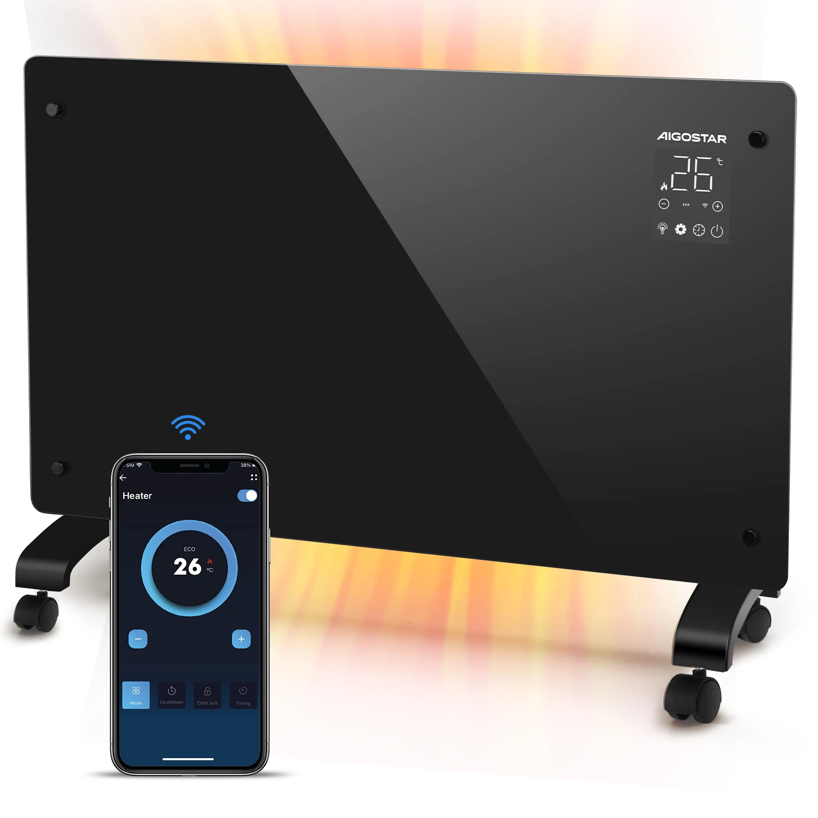 Chauffage électrique Aigostar, chauffage électrique en verre, chauffage par convecteur, température réglable à écran tactile LED, fonction WiFi APP