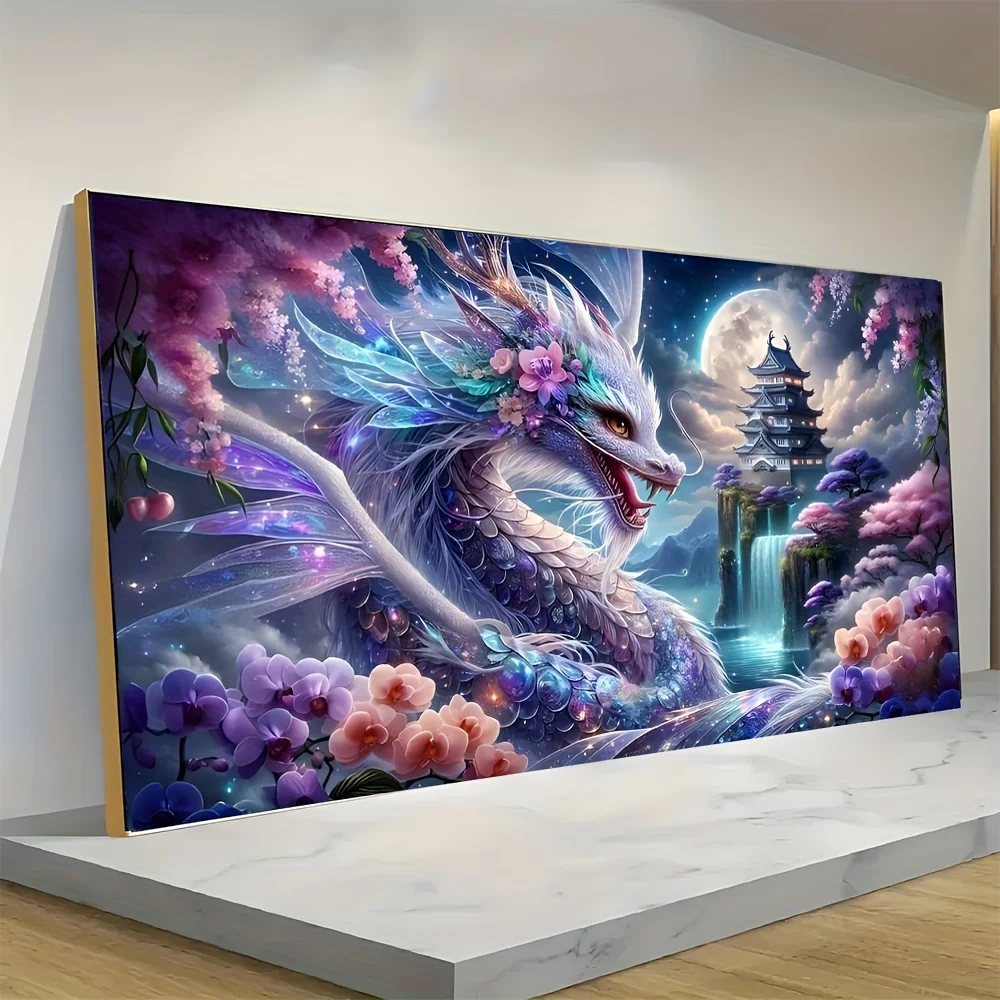 [Kit de peinture diamant bricolage] 1 grand Kit de peinture diamant bricolage Dragon du lac avec multi-outils + sac auto-scellant-acrylique rond D