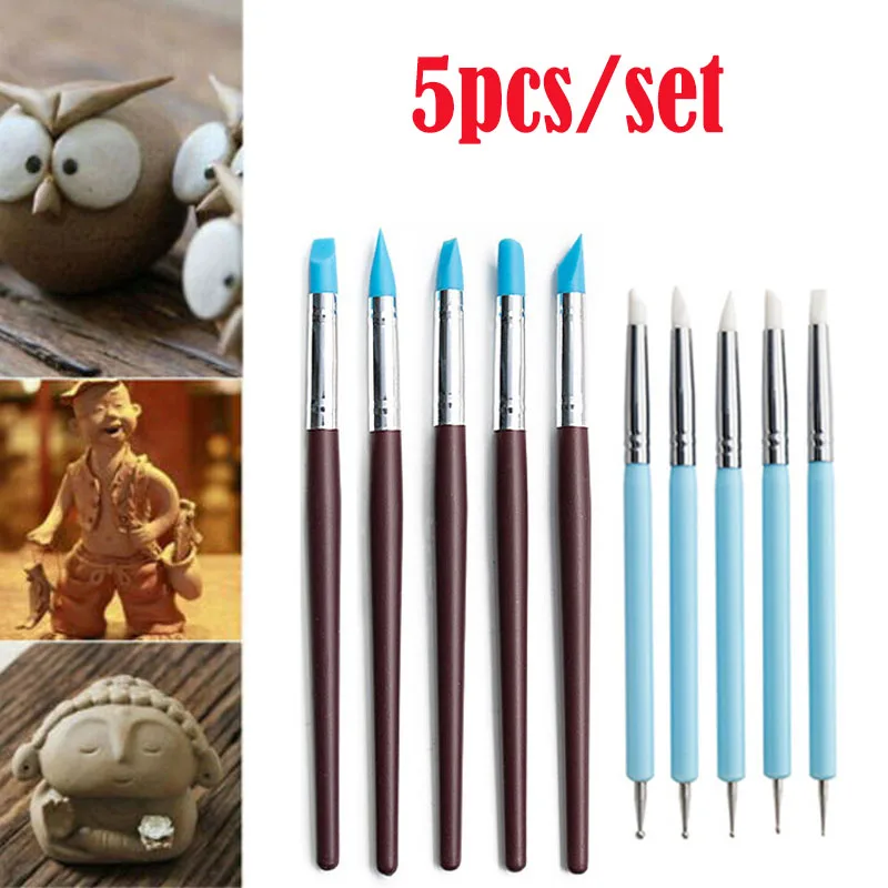 Outil de sculpture en argile de Silicone à Double extrémité, pour la modélisation des pinceaux, pointage, Nail Art, poterie, argile, bricolage, outils de sculpture, 5 pièces