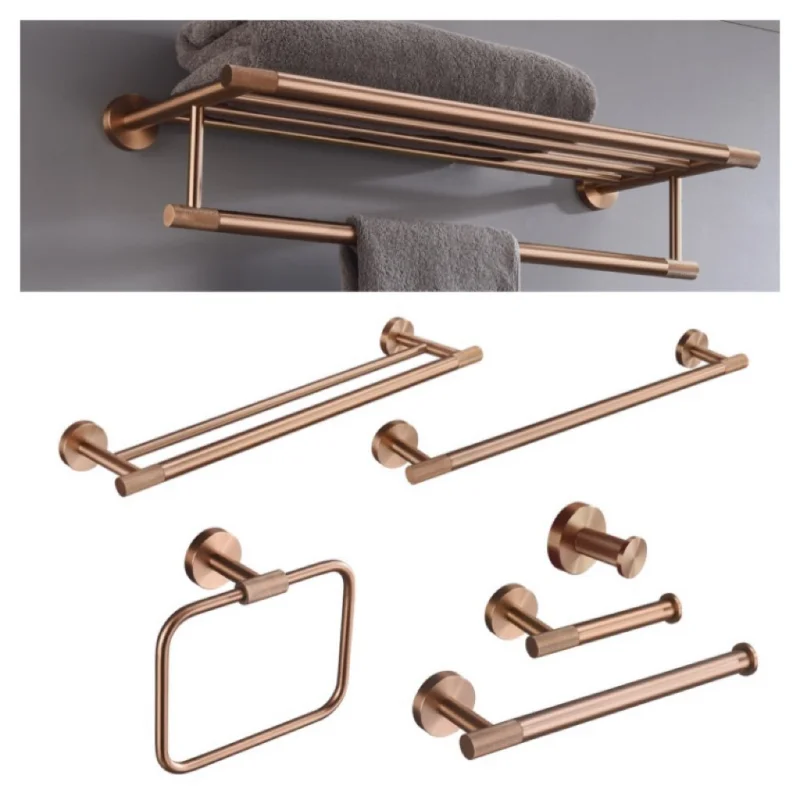 Ensemble de quincaillerie en laiton brossé or rose moleté : porte-brosse WC, porte-papier toilette, barre porte-serviettes, support, crochet, porte-savon