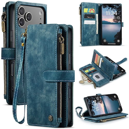Handy Hülle Handyhüllen Für iPhone 17 Pro Max 17 Air 17 Brieftaschenhülle Reisverschluss mit Trageriemen Ständer TPU PU-Leder Image