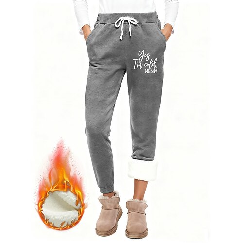 Damen Jogginghose Fleecehose Stoffhosen Mode Basic Lässig Volle Länge Hohe Taille Buchstabe Kordelzug Tasche Druck Thermowarm Winddicht Bequem Dehnbar Urlaub Straße Lässig Schwarz Rosa Dunkelpink Blau Image