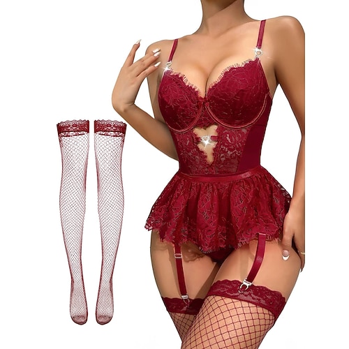 Set Babydoll Unterwäsche Teddy Bodysuit Netzstrümpfe mit Zubehör Frauen Netz Spitze Fancy Nachtwäsche Erwachsene Neujahrsparty Zuhause Kleidung Valentinstag Geschenk für sie Image