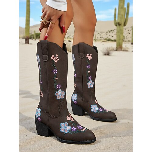 Damen-Westernstiefel mit Blumenstickerei, bequeme Stiefeletten mit Blockabsatz für den Herbst und Freizeitausflüge Image