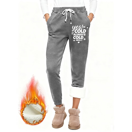 Damen Jogginghose Fleecehose Stoffhosen Mode Basic Lässig Volle Länge Hohe Taille Buchstabe Kordelzug Tasche Druck Thermowarm Winddicht Bequem Dehnbar Urlaub Straße Lässig Schwarz Rosa Dunkelpink Blau Image