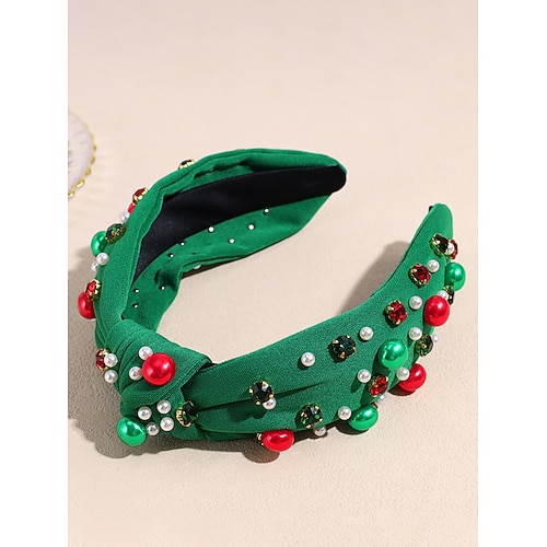 grünes Weihnachtsstirnband für Damen mit Perlen mehrfarbige Strasssteine, elegantes gepolstertes Haar-Accessoire für Feiertagspartys, Geschenke Winteroutfits Image