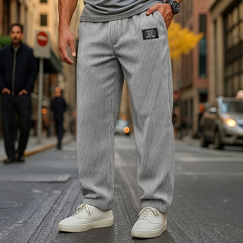 Herren Hose Cordhose Baggy-Hosen Gerade geschnittene Sweatpants Kordelzug Elastischer Bund Einfarbig Komfort Volle Länge Outdoor Täglich Streetwear Urlaub Mode Schwarz Marineblau Mikroelastisch Image