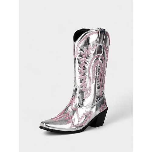 Rote Cowboystiefel aus Lacklederimitat für Damen mit glitzernder Stickerei, Westernstil, klobiger Absatz, perfekt für Weihnachten, Country-Musik-Events und Feiertagsfeiern Image