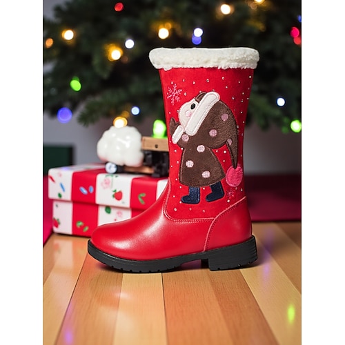 Rote Weihnachtsstiefel für Kinder mit Schneemann-Design und Pelzbündchen – festlicher Feiertagsstil, perfekt für Weihnachtsfeiern und Winterspaß Image
