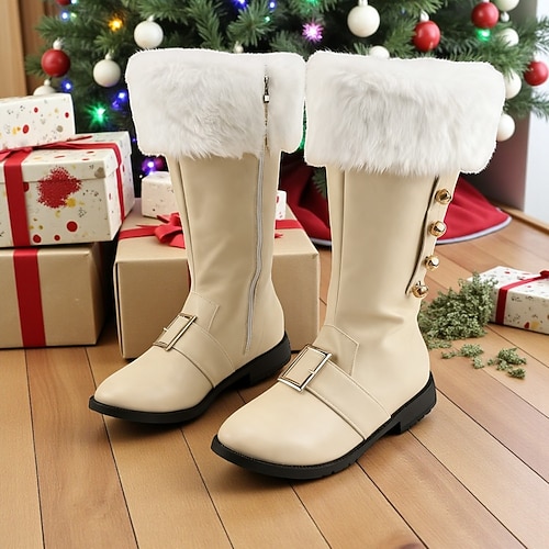 Weihnachtsmann-Kostümstiefel für Herren mit Kunstfell und goldenen Knöpfen, perfekt für Weihnachtsfeiern und Feiertagsfeiern Image