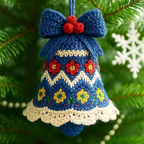 DIY-Häkelset für Weihnachtsglockenornamente, DIY-Häkelset für Weihnachtsbaum, komplettes Bastelset für Anfänger mit Garn Anleitung, hängende gestrickte Weihnachtsbaumglocke, perfekt für Anfänger Image