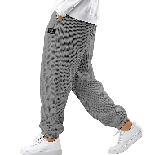 Herren Waffel Jogginghose Jogginghose Jogger Hose Freizeithose Kordelzug Elastischer Bund Einfarbig Komfort Volle Länge Outdoor Täglich Streetwear Mode Schick Modern Schwarz Weiß Dehnbar Image