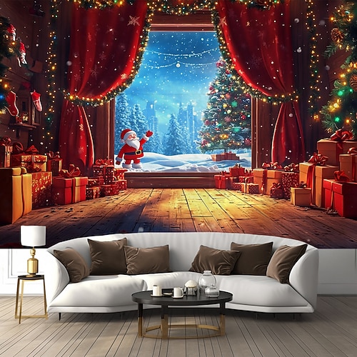 Weihnachtsteppich mit Weihnachtsmann, Weihnachtsbaum Elfe, Wanddekoration, Heimtextilien für Schlafzimmer, Wohnzimmer oder Büro Image