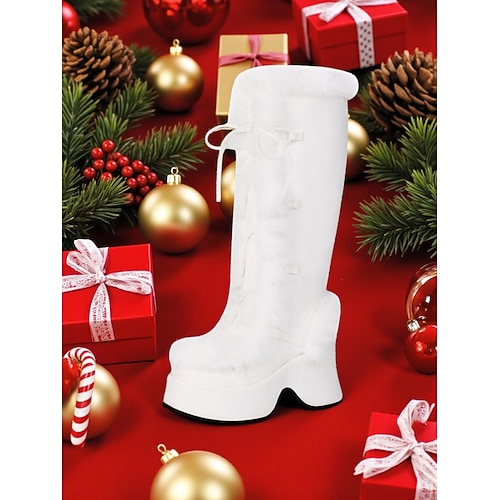 Damen-Plateau-Weihnachtsstiefel mit Kunstfellbesatz – schicker Feiertagsstil, perfekt für Weihnachtsfeiern und Winterfeste Image