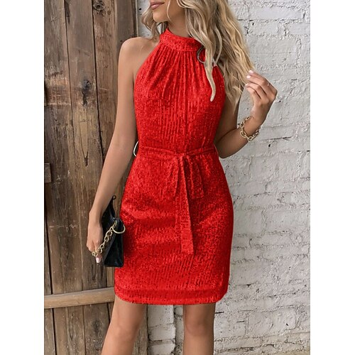 Damen Minikleid Etui-Kleid Halterkleid Schulterfreies Kleid Party Cocktail Halbformelle Kleider Outdoor Party Hochzeit Vorderknoten Pailletten Schlank Einfarbig Ärmellos Neckholder Schwarz Weiß Rosa Image