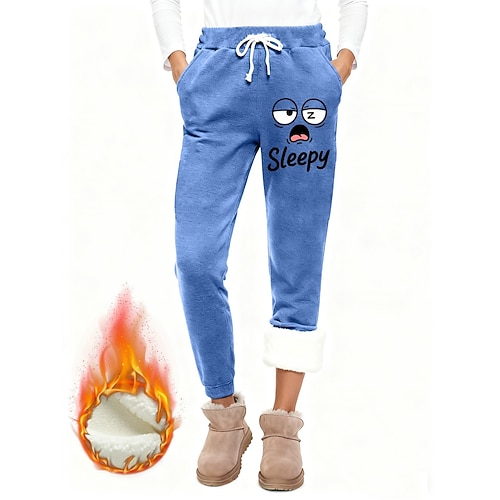 Damen Jogginghose Fleecehose Stoffhosen Urlaub Mode Lässig Volle Länge Hohe Taille Grafik Buchstabe Kordelzug Tasche Druck Thermowarm Winddicht Bequem Dehnbar Täglich Outdoor Urlaub Rosa Dunkelpink Image