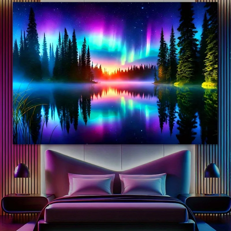 VIKAMA Aurora Forest Wandteppich, Schlafzimmer, Wand, Bed & Breakfast-Dekoration, Wohnzimmer-Kunstwerk, Wohnzimmer-Dekoration Image