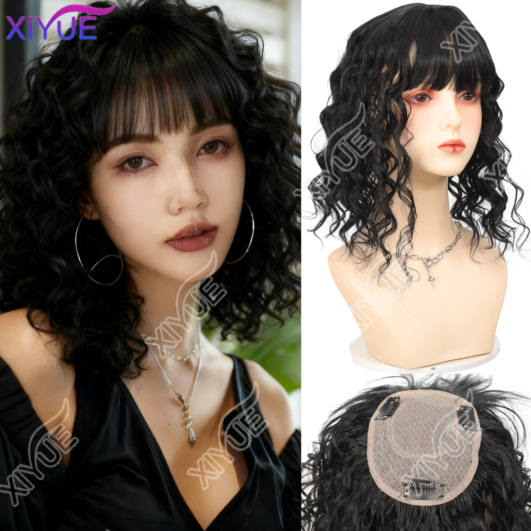 XIYUE Synthetische 3D Pony Unsichtbare Nahtlose Kopf Haar Wasser Welligkeit Haar Luft Pony Kopf Overhead Natürliche Unsichtbare Ersatz Image