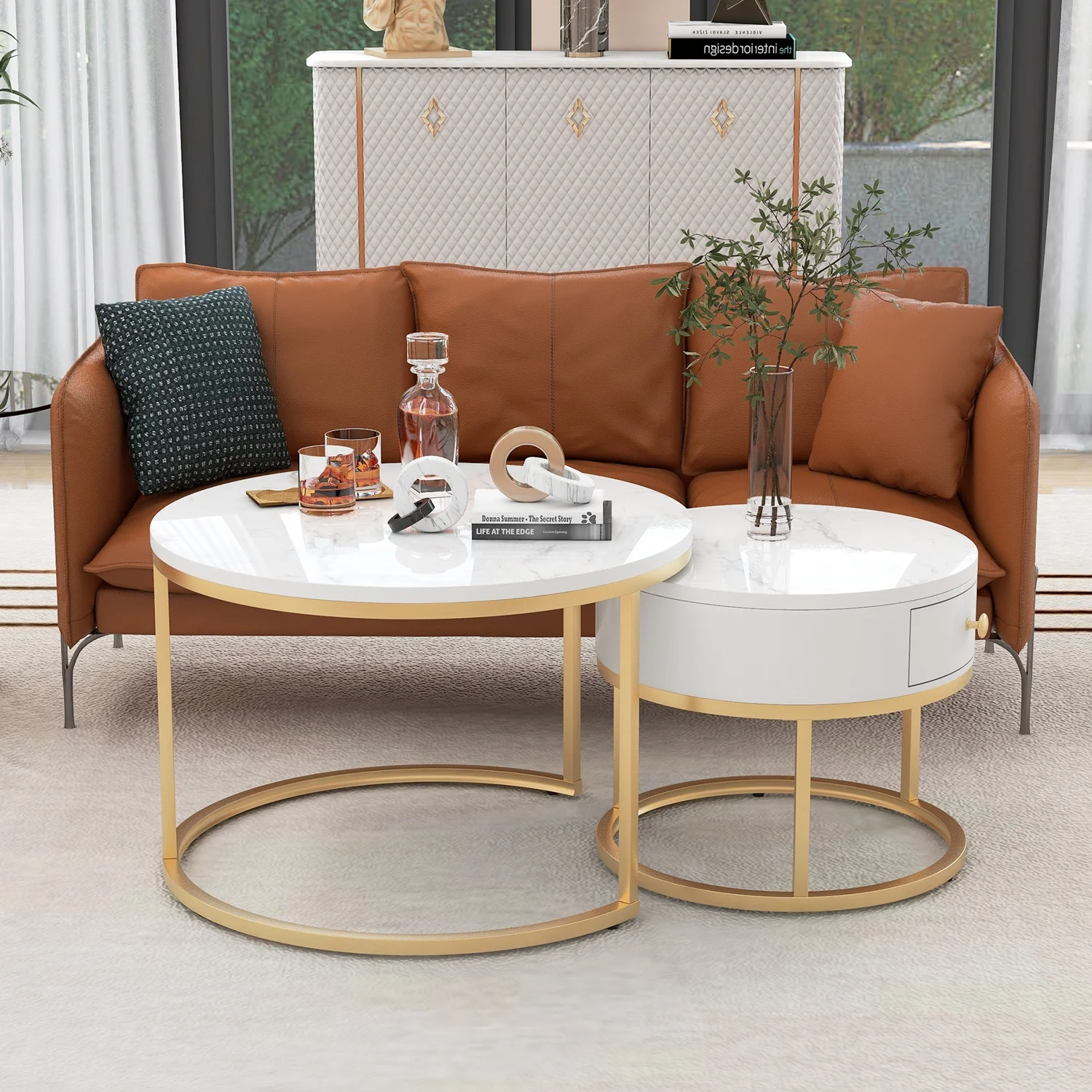 Modern Nesting Coffee Table High Gloss Marble Pattern 2in1 Round Coffee Table Round Nested Side Table for Living Room, Dia 70cm Image