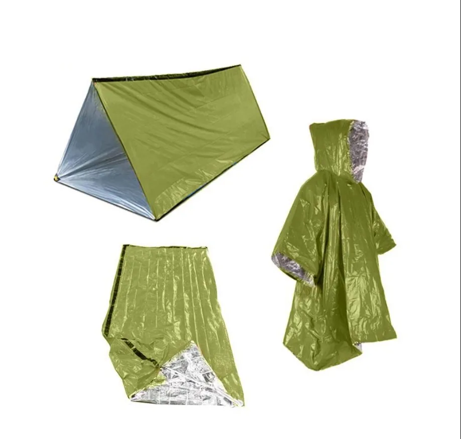 3-teiliges Set für den Notfall im Freien, einschl ießlich Zelt, Regenmantel, Schlafsack, Erste Hilfe im Freien, Reisen, Isolierung im Freien Image