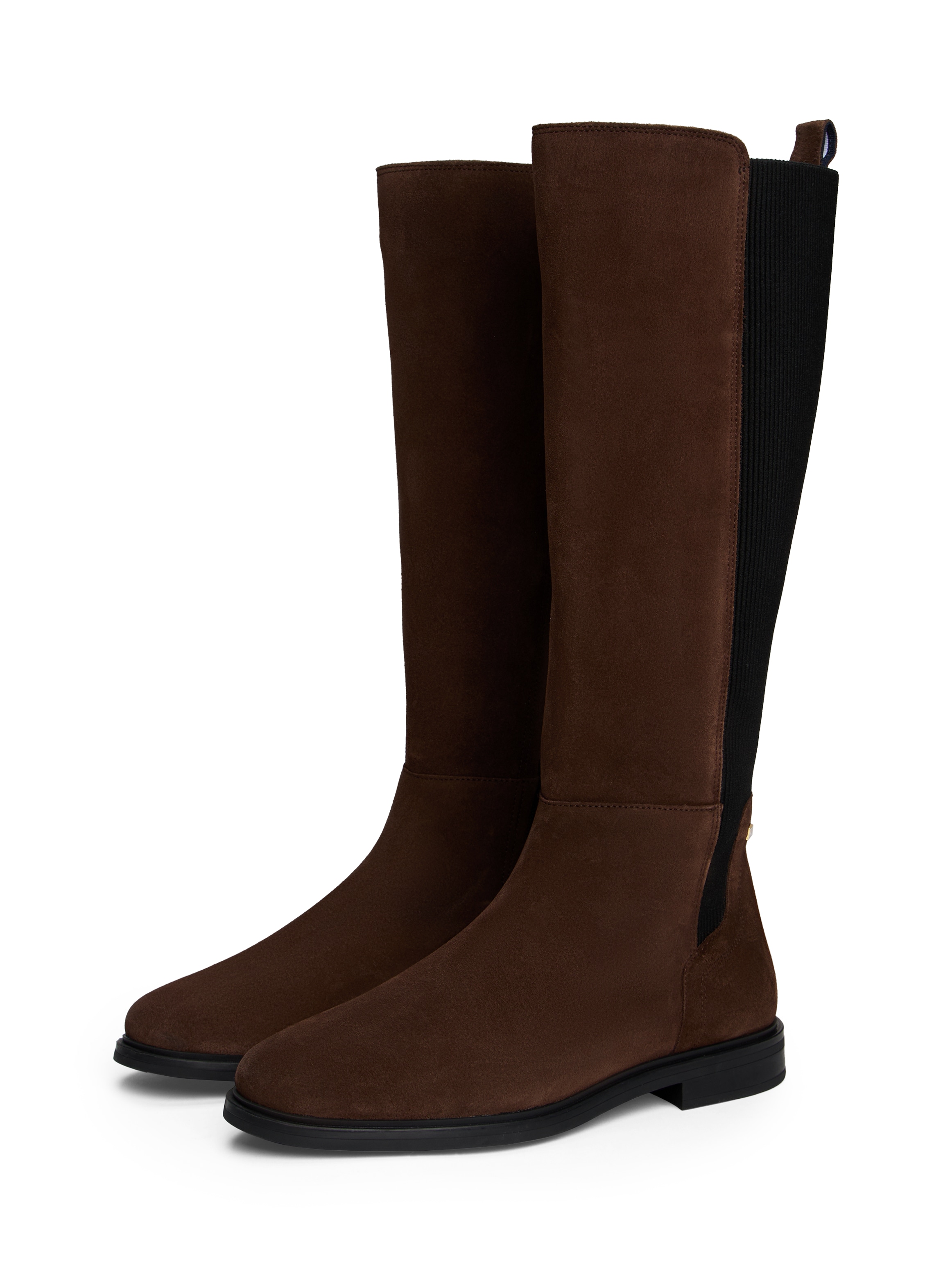 Stiefel TOMMY HILFIGER "FLAG SUEDE LONG BOOT", Damen, Gr. 39, Normalschaft, dunkelbraun, Veloursleder, Schuhe Stiefel, Langschaftstiefel, Reißverschlussstiefel mit Logoflaggen-Detail