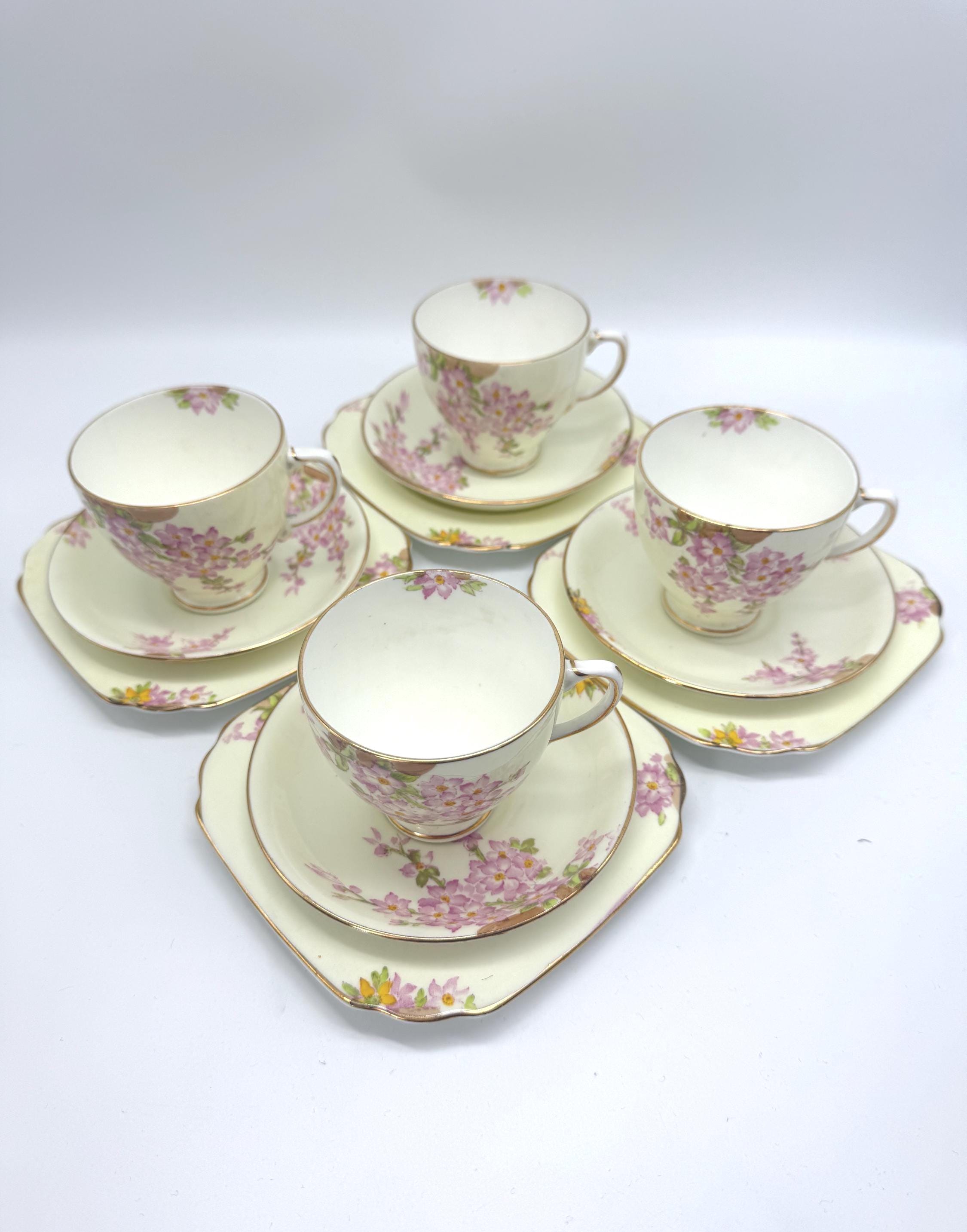 Splendido set da tè in porcellana Bone China Old Royal - Glorious Devon - Set da tre tazze e piattini da tè inglesi vintage per 4 - Shabby Chic Tea Pa