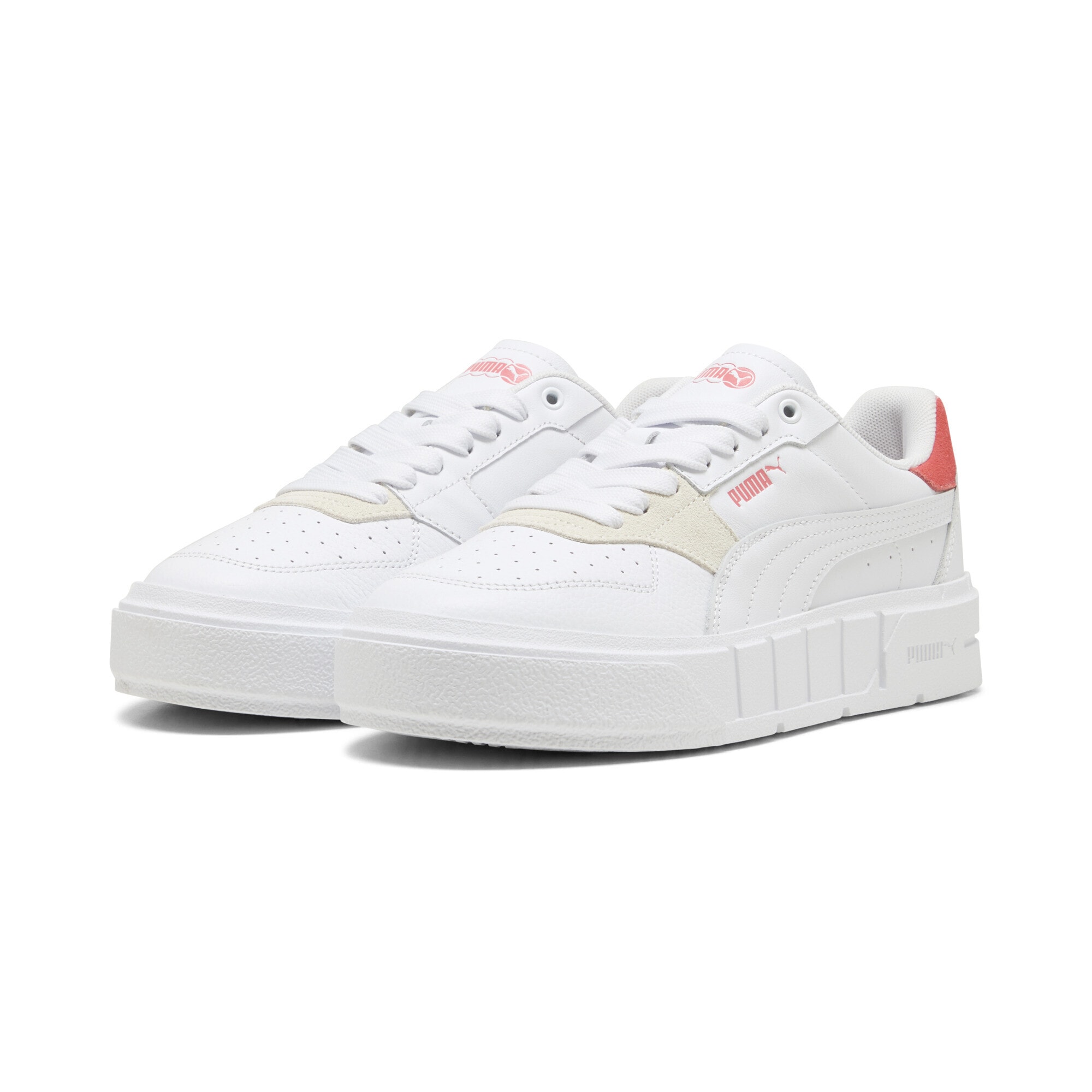 Sneaker PUMA "Cali Court Match Sneakers Damen", Damen, Gr. 40, weiß peach frost rot, Obermaterial: Kuhleder, Synthetik; Futter: Textil; Innensohle: Textil; Laufsohle: Gummi, Schuhe Sneaker