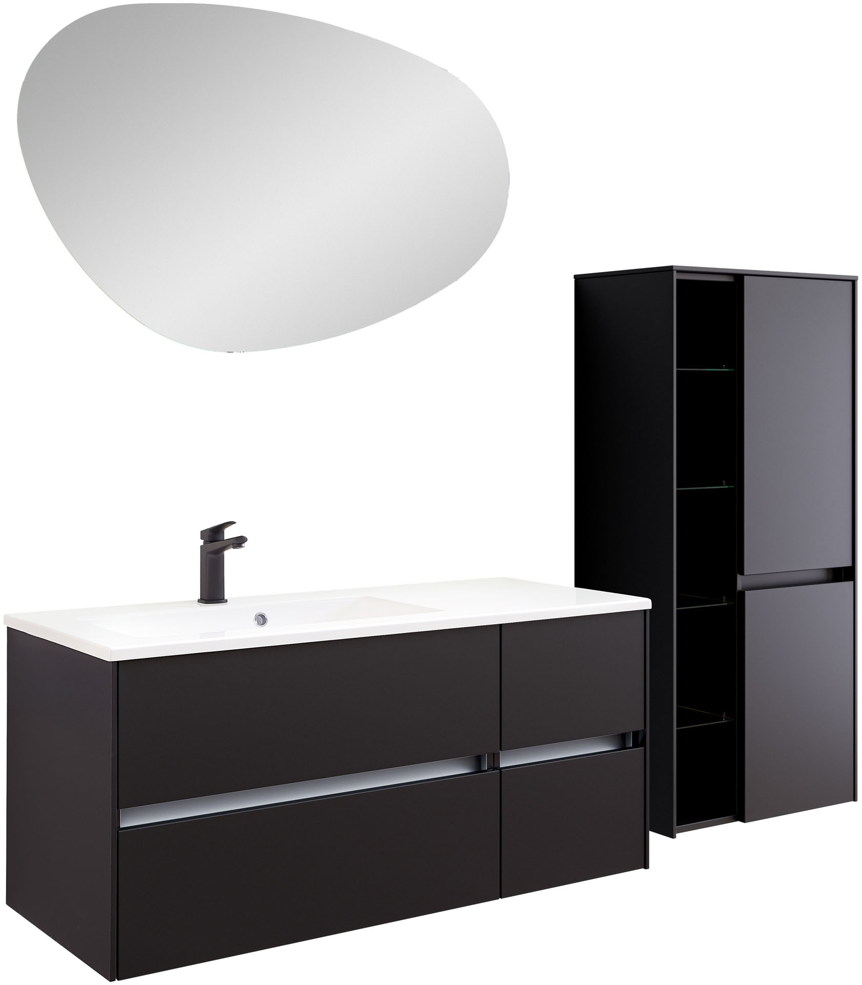 Badmöbel-Set SAPHIR "Badmöbel-Set Serie 6010 Solid-Surface-Waschtisch mit Unterschrank", schwarz matt, B:113cm H:200cm T:50cm, Spanplatte, Kastenmöbel-Sets, Badmöbel-Set, Badmöbel-Set mit Waschtisch, Spiegel und Midischrank, vormontiert