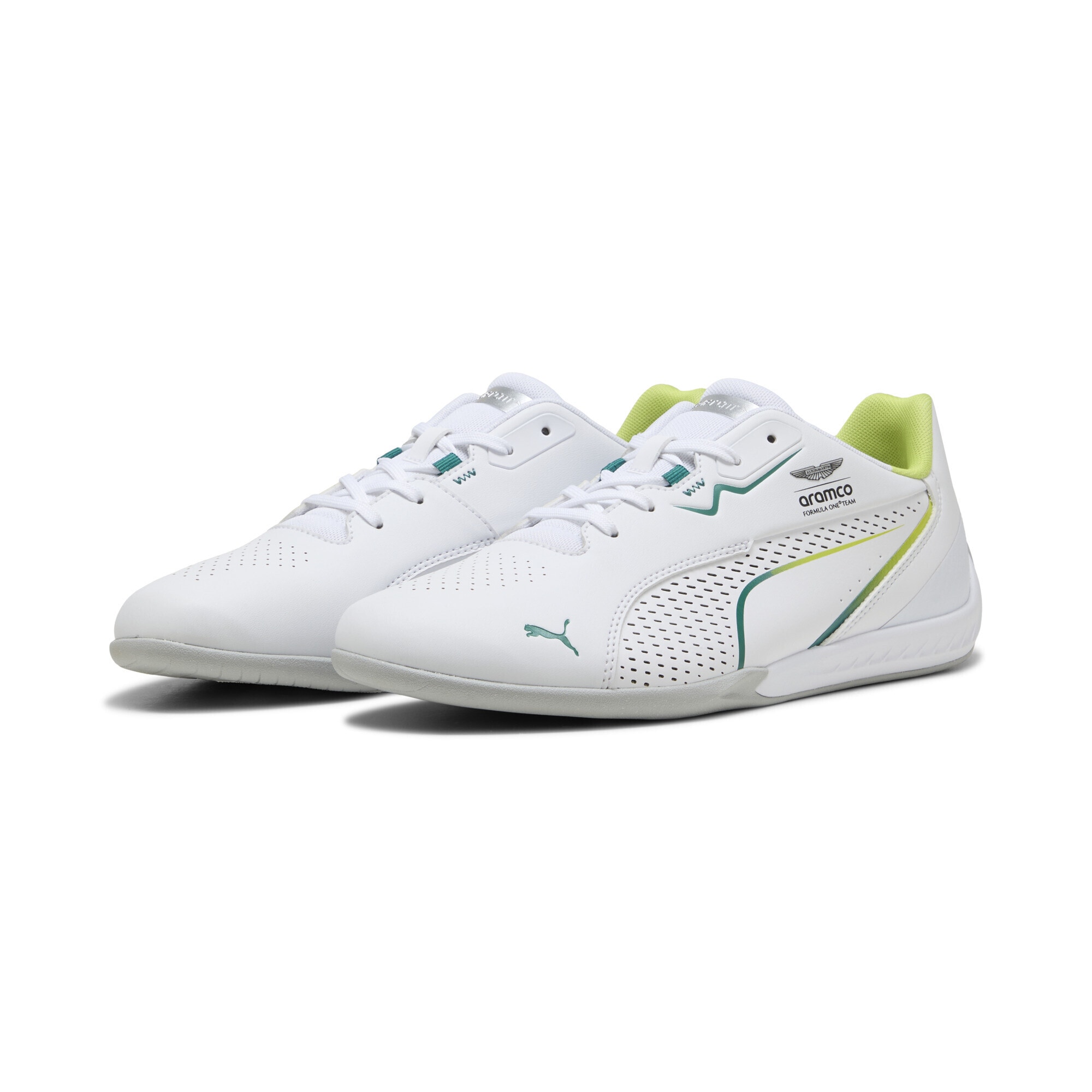 Sneaker PUMA "PUMA x ASTON MARTIN ARAMCO F1 TEAM Drift Cat 11 Sneakers", Damen, Gr. 48, weiß grün lux, Obermaterial: Synthetik, Textil; Futter: Textil; Innensohle: Textil; Laufsohle: Gummi, Schuhe Sneaker