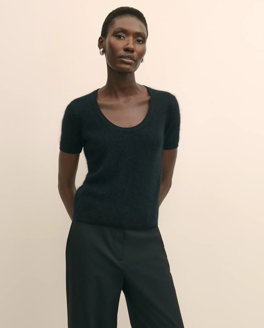 Brooks Brothers Women's Wool-Cashmere Blend Brushed Short-Sleeve Sweater Shell | Black | Size Medium