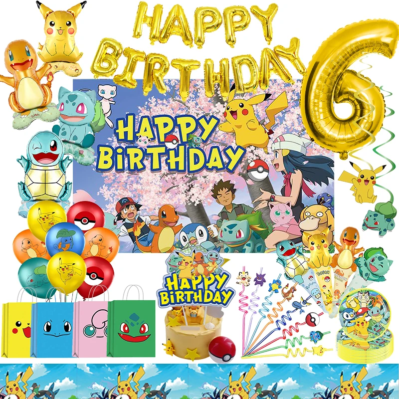 Pokemon Geburtstag Party Dekorationen Pikachu Folien Ballons Einweg Geschirr Hintergrund Papier Platten Spielzeug Kinder Junge Party Liefert Image