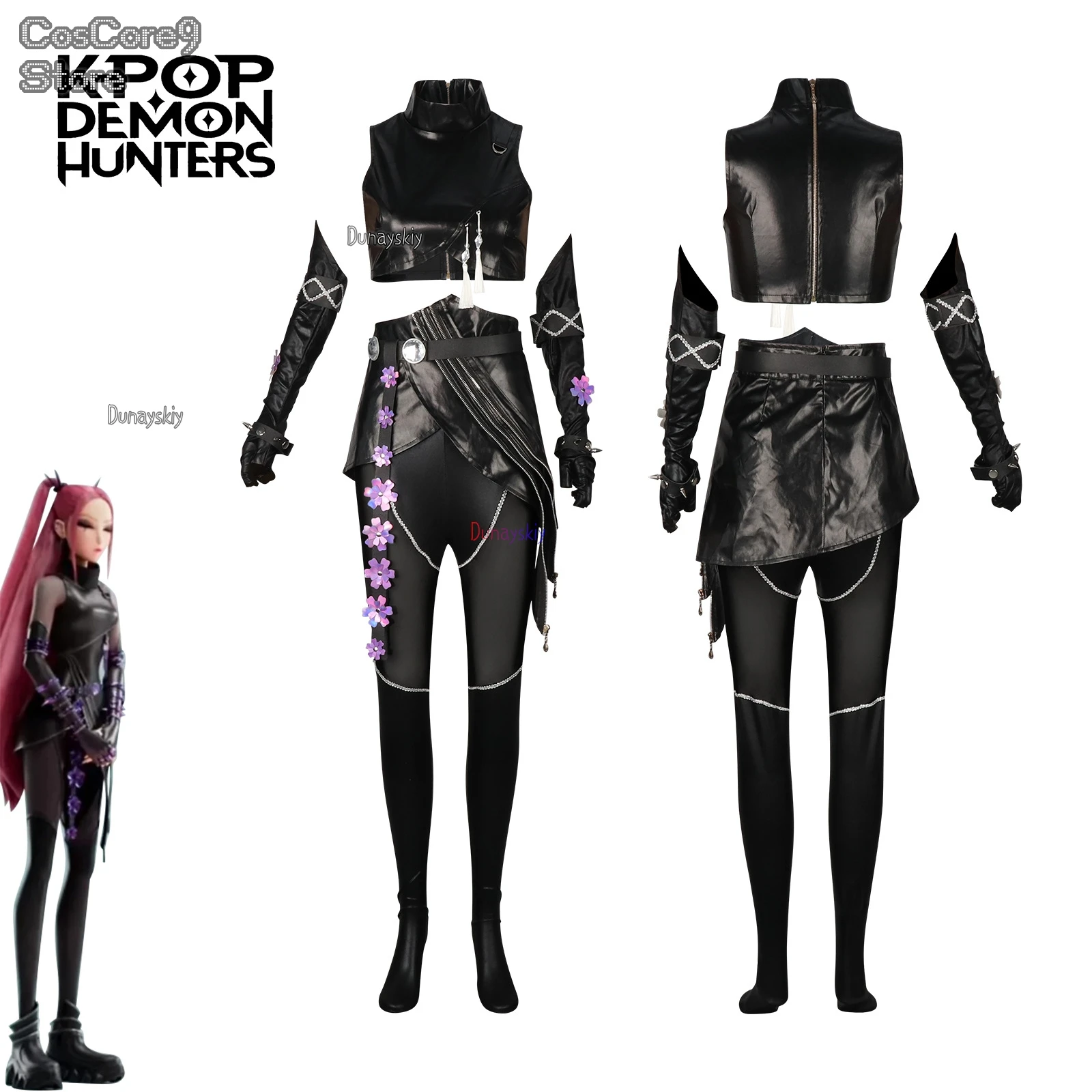 Kpop Dämon Huntrix Mira Cosplay Kostüm Perücke Jäger Frauen Mädchen Schwarz Leder Top Hosen Leistung Anzug Halloween SehnstituЗecturanosti Image