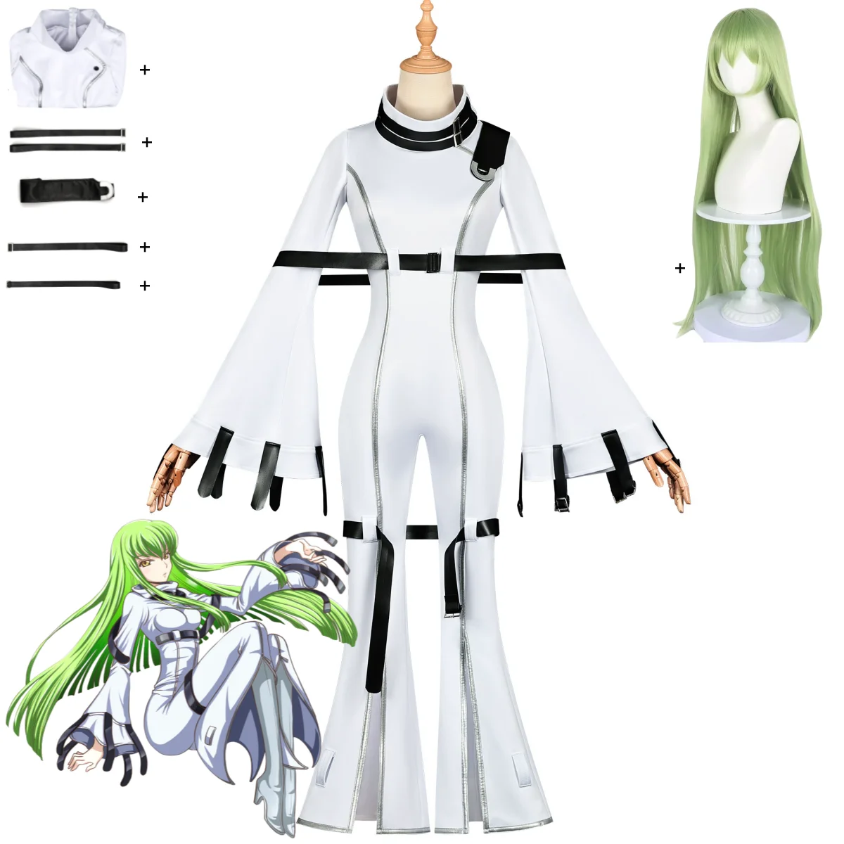 Anime Code Geass Lelouch Of The Rebellion C.C. Cosplay Kostüm Sexy Weiß Enger Leder Overall Uniform Perücke Frau Party Anzug Image