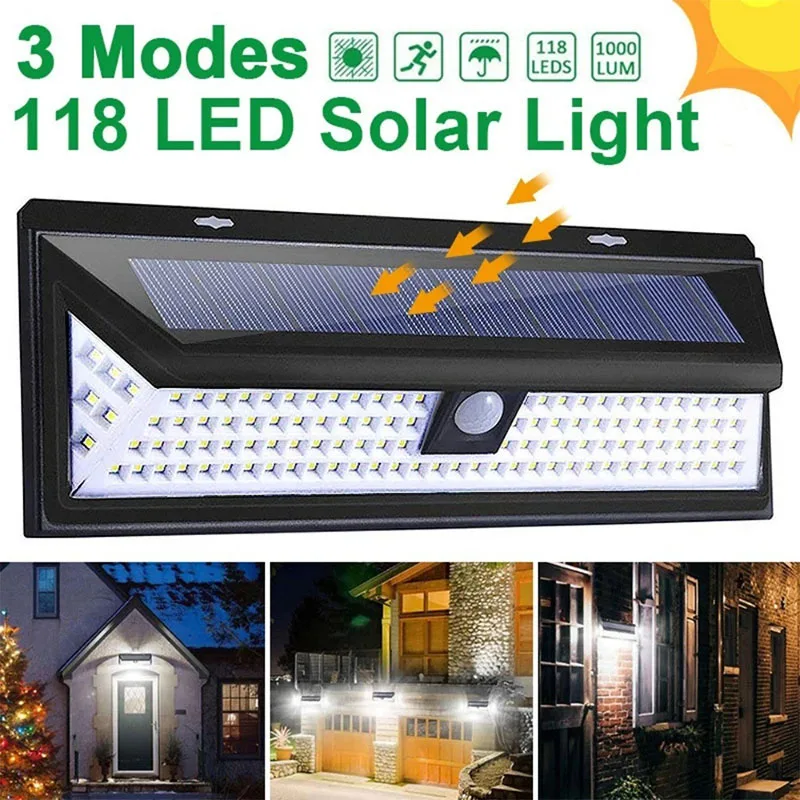 Solar-Wandleuchte, Bewegungsmelder, LED-Außenlampe, wasserdicht, 118 LEDs, solarbetrieben, 3 Modi für Veranda, Balkon, Countyard, Zaundekoration