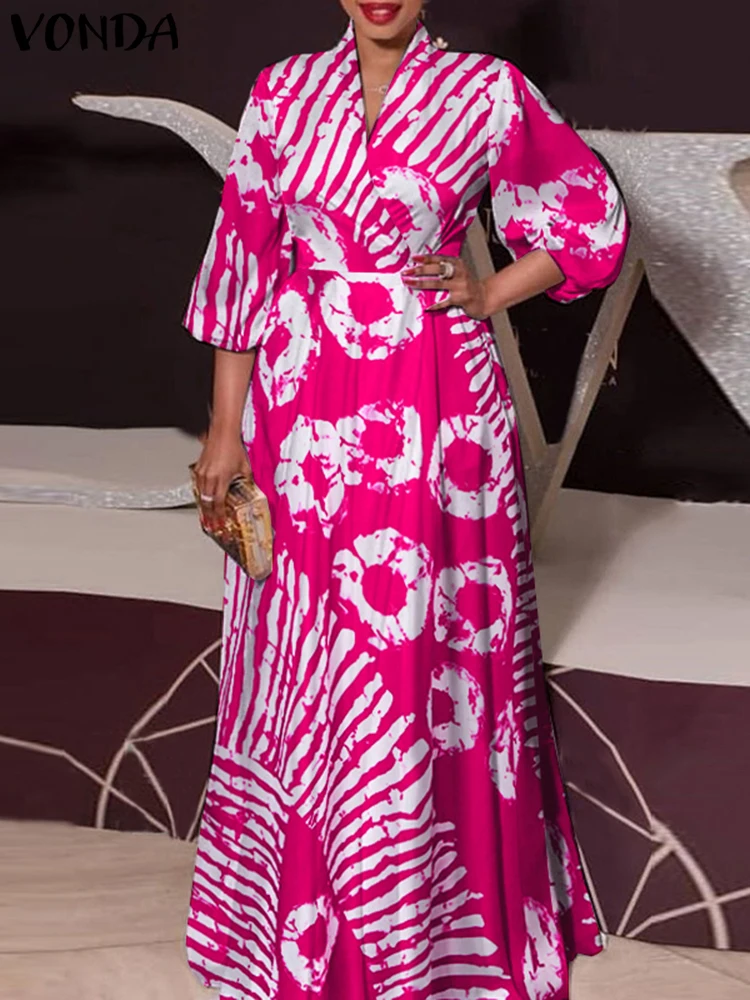 Plus Größe 5XL VONDA Frauen Gedruckt Maxi Lange Kleid 2024 Böhmischen Sommerkleid Elegante Robe V-ausschnitt Casual 3/4 Laterne Hülse Vestidos