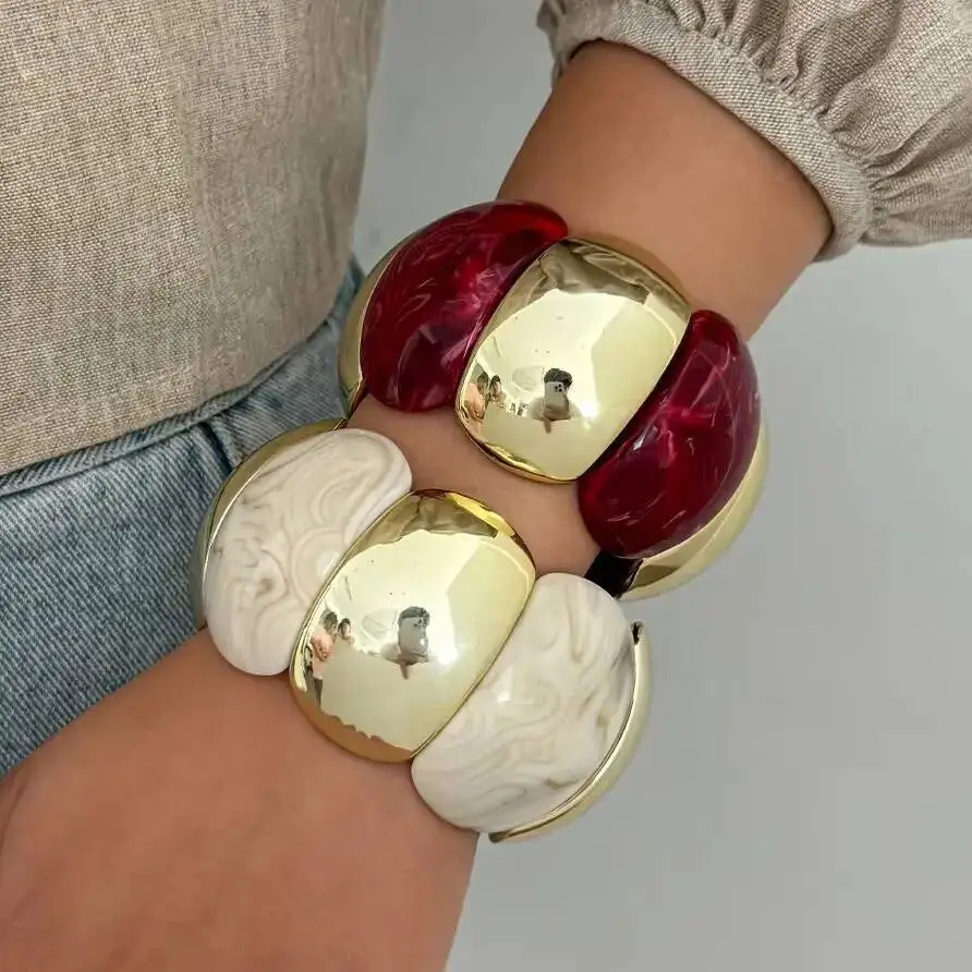 KunJoe 4-Styles Boho bunte dicke Acryl-Armbänder für Damen, Retro, unregelmäßiges Harz, breites Armband, stapelbarer elastischer Armreif, Geschenke Image