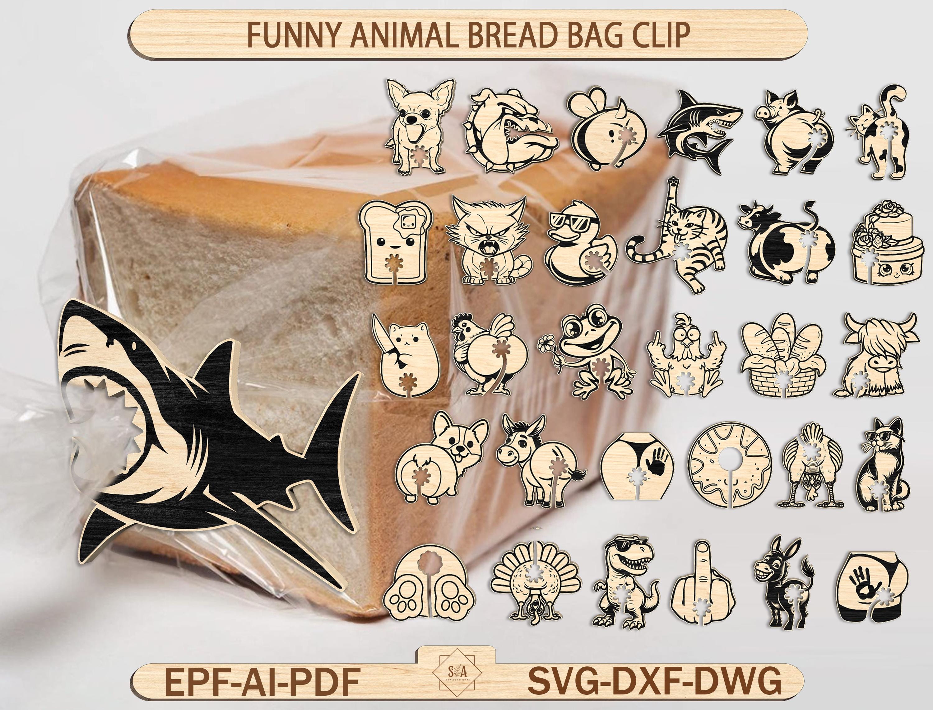File tagliati al laser con clip per sacchetti del pane a forma di animale divertente in formato SVG, simpatico porta sacchetti per alimenti, clip per