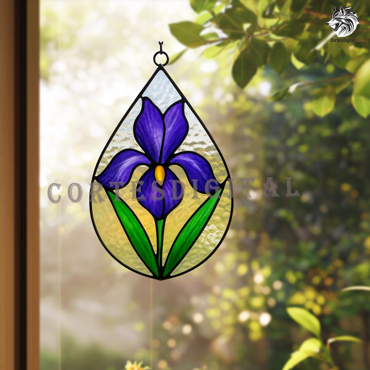 Motivo a goccia di iris in vetro colorato - Acchiappasole floreale fai da te per finestra - Idea regalo di compleanno - Modello PDF scaricabile immedi