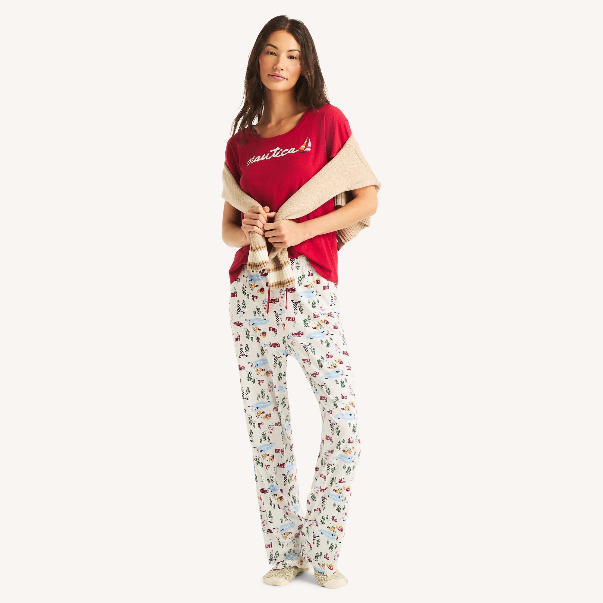Nautica Women's Printed Pajama Pant Set 101 (Bright White), M