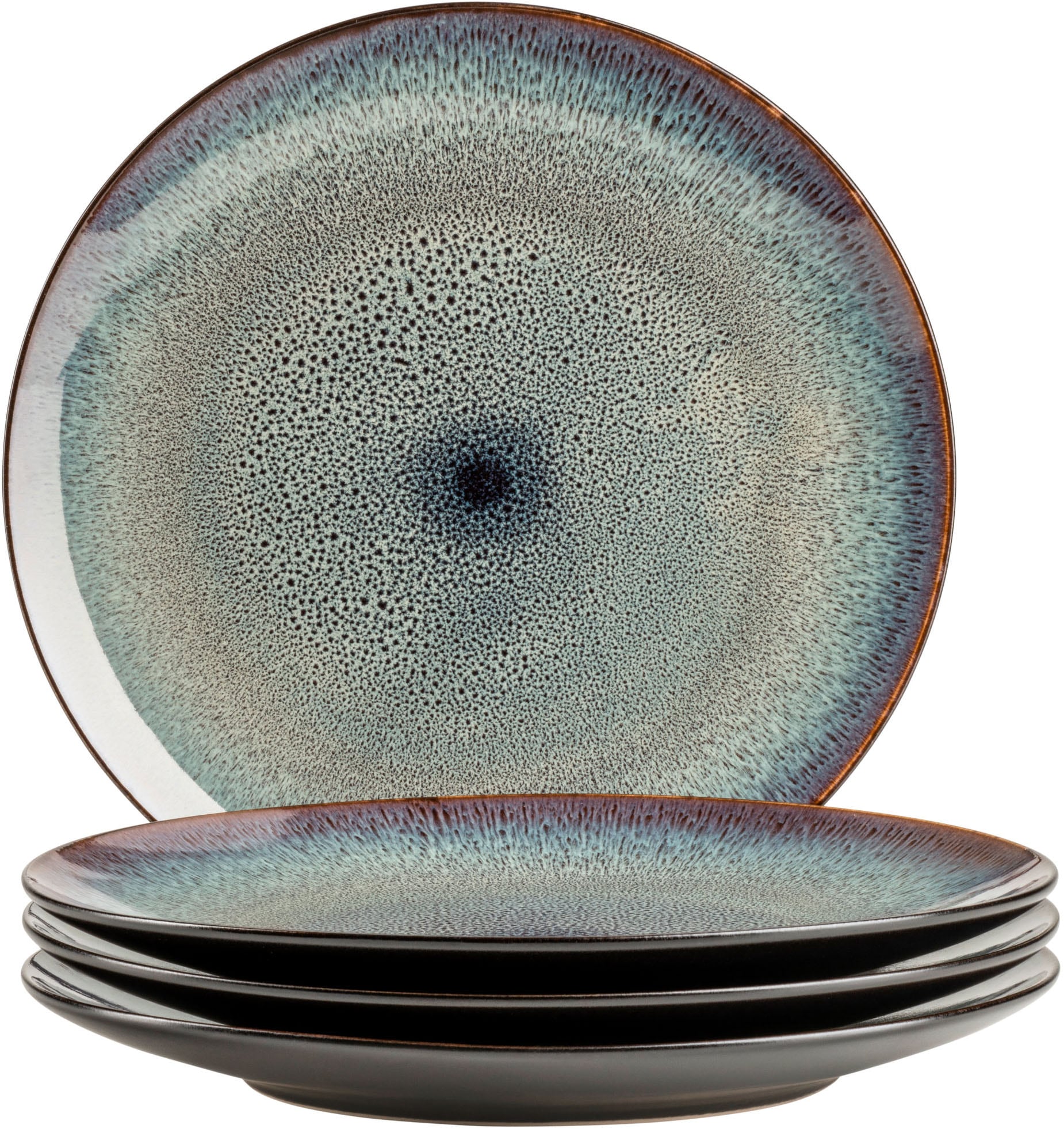 Tafelservice MÄSER "TEONA, Teller-Set, Steinzeug", blau, braun, grün, schwarz, 4 Stk., Steinzeug, Geschirr-Sets
