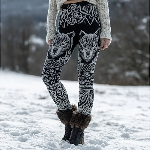 Damen Viking Boho Leggings Vintage Ethno-Stil Voll Länge Hohe Taille Grafik Tier Abstrakt 3D Druck Schnell trocknend Atmungsaktiv Weich Dehnbar Formal Outdoor Urlaub Schwarz Sommer Frühling Herbst Image