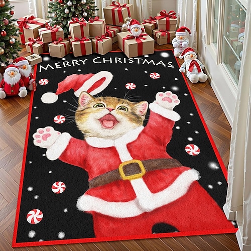 Weihnachtsmann-Katzenbereichsteppich für Wohnzimmer und Schlafzimmer Faux Cashmere süßes Kätzchen im Weihnachtsmannanzug Feiertags Teppich weicher rutschfester maschinenwaschbarer Teppich 5x7 ft Image
